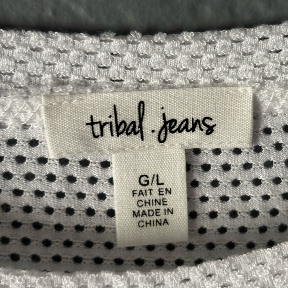 Tribal White Mesh Pullover Crewneck Tie-Hem Long Sleeve | Size L - Picture 8 of 11